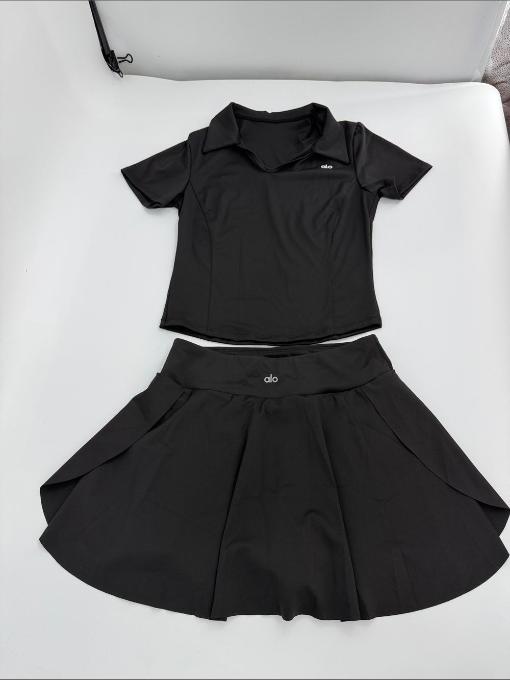 ALO Yoga Black Polo Top and Flared Skort Set